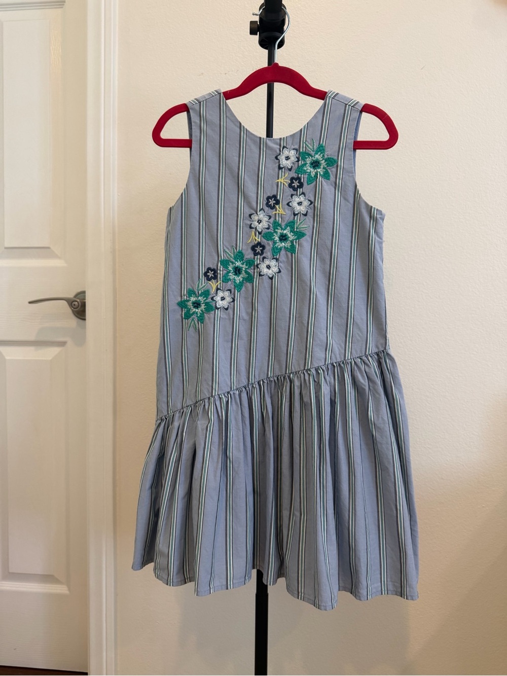 Tea Collection Girls Blue Striped Dress with Green & White Floral Embroidery